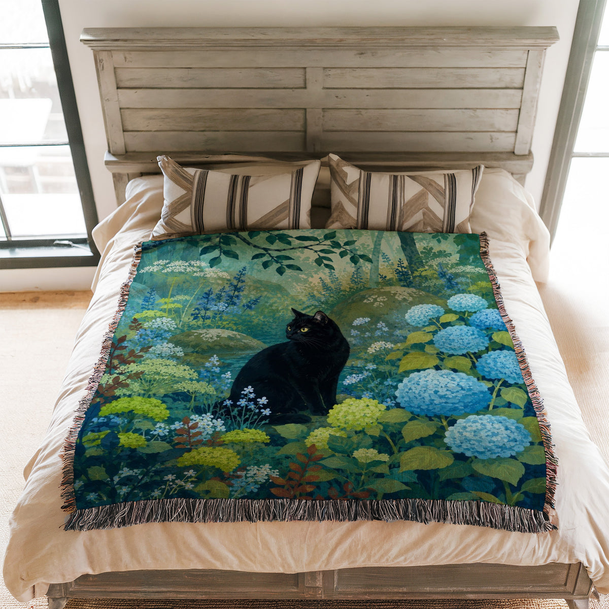 Blue Hydrangea Forest Black Cat Blanket