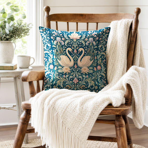 Swan Garden – Ornate Floral Bird Pillow
