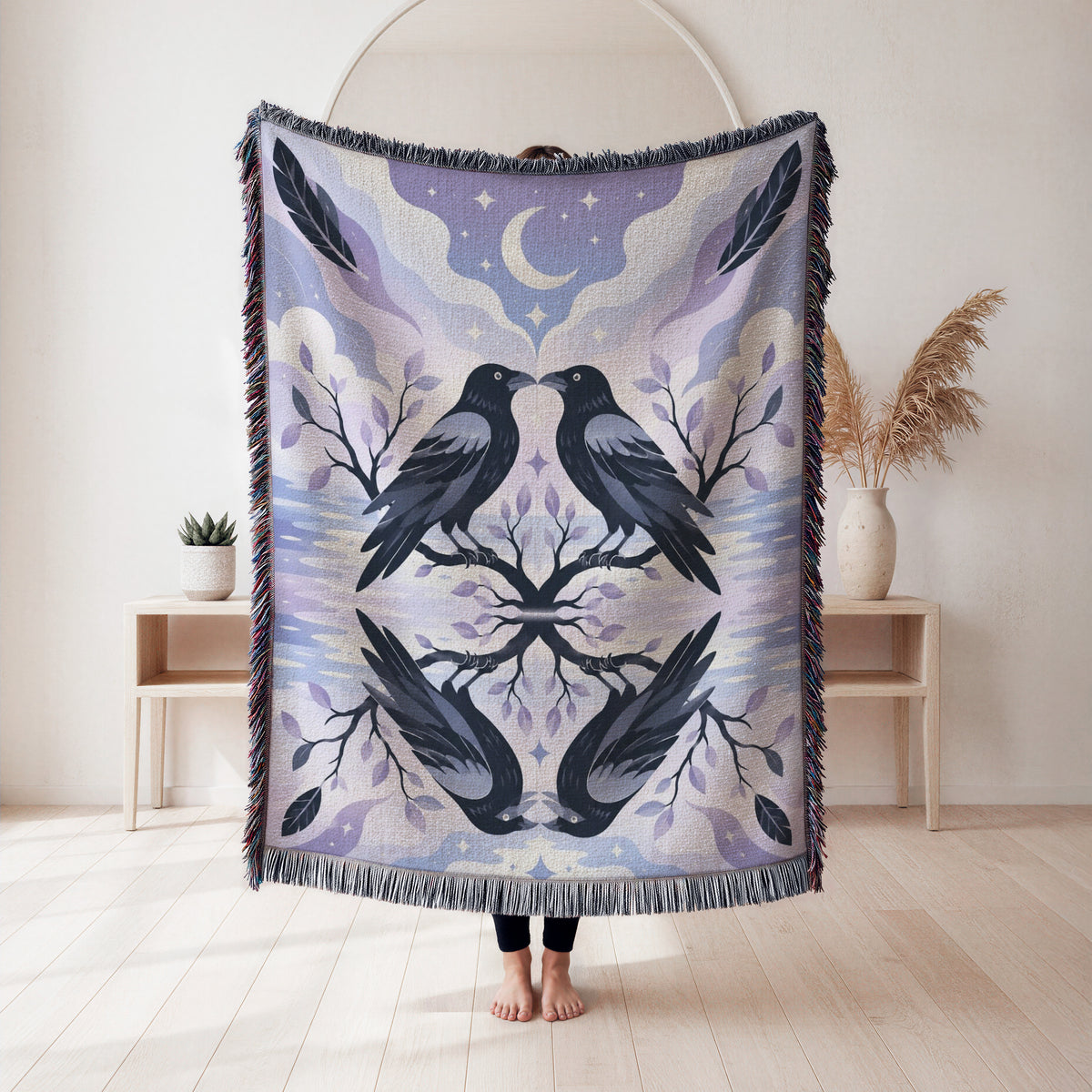 Moonlit Raven Reflection Blanket