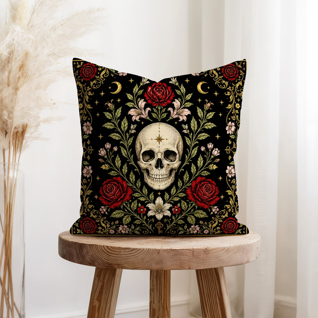 Roses for the Departed – Skull Floral Gothic Pillow