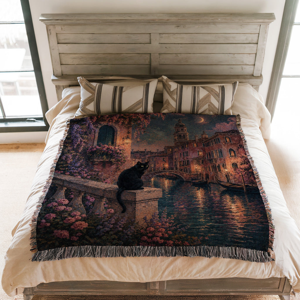 Moonlit Venice Black Cat Blanket