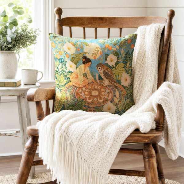 The Moonlit Owl Garden – Botanical Fantasy Pillow