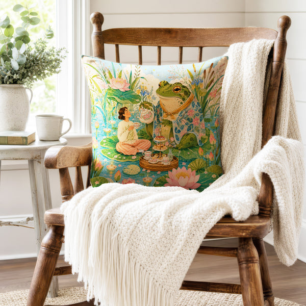 Tea with the Frog – Whimsical Pond Pillow