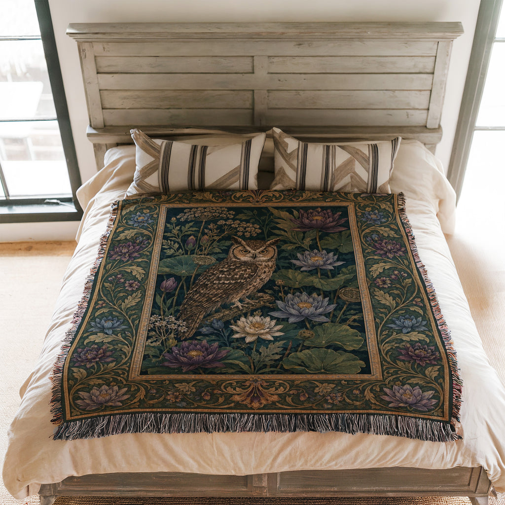 Water Lily Owl Tapestry Blanket