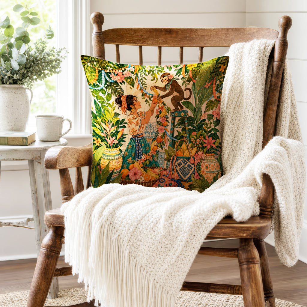 Monkey Garland Garden – Tropical Storybook Pillow