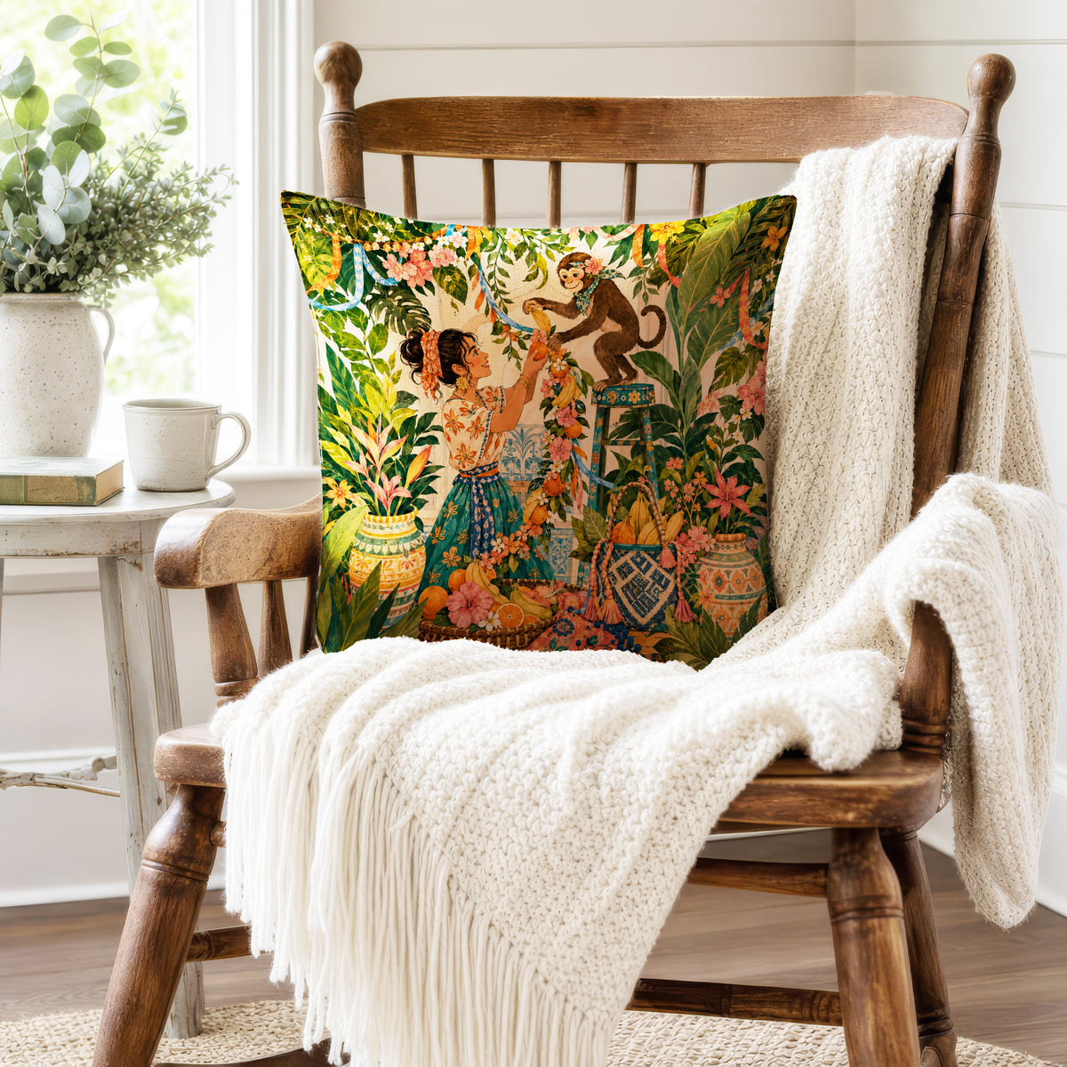 Monkey Garland Garden – Tropical Storybook Pillow