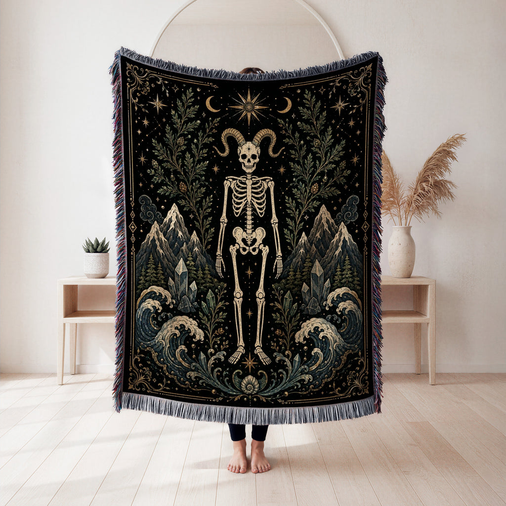 Capricorn Mountain & Sea – Gothic Skeleton Zodiac Blanket