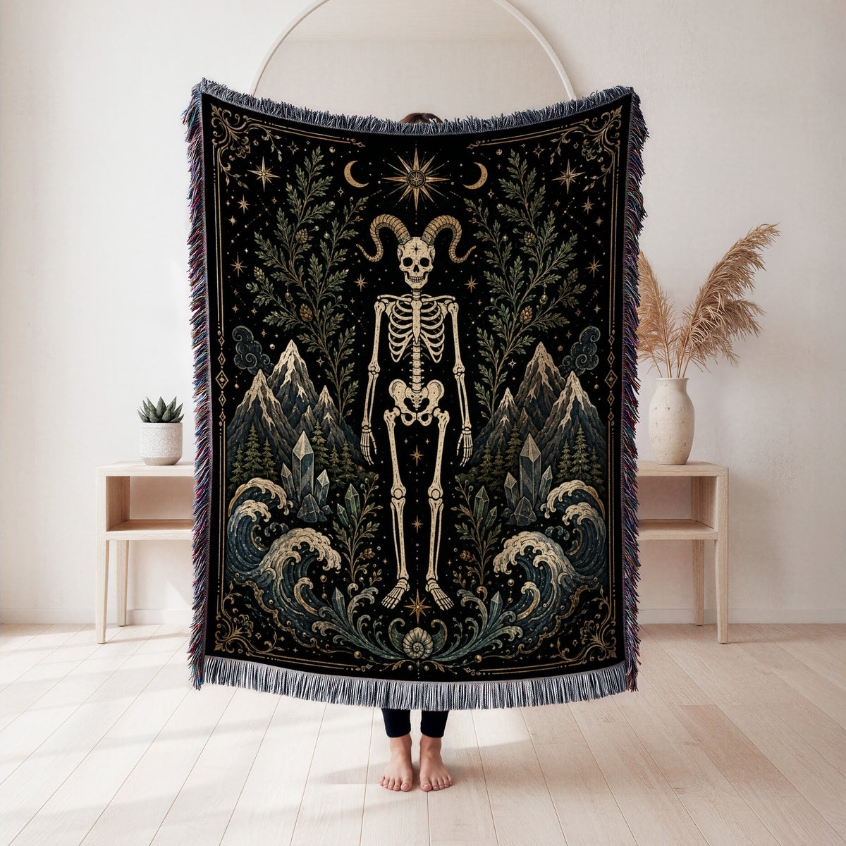 Capricorn Mountain & Sea – Gothic Skeleton Zodiac Blanket
