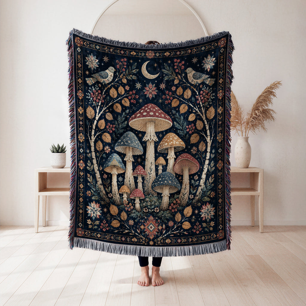 Moonlit Birch Mushroom Blanket