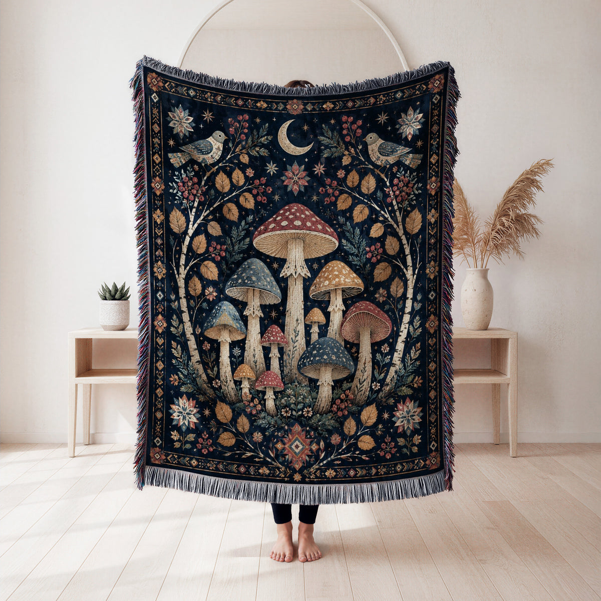 Moonlit Birch Mushroom Blanket