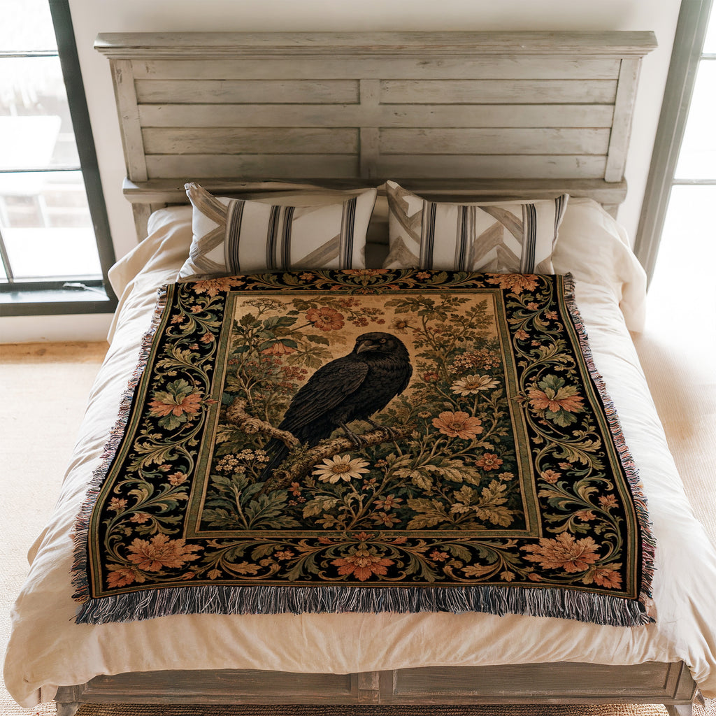 Vintage Raven Floral Tapestry Blanket