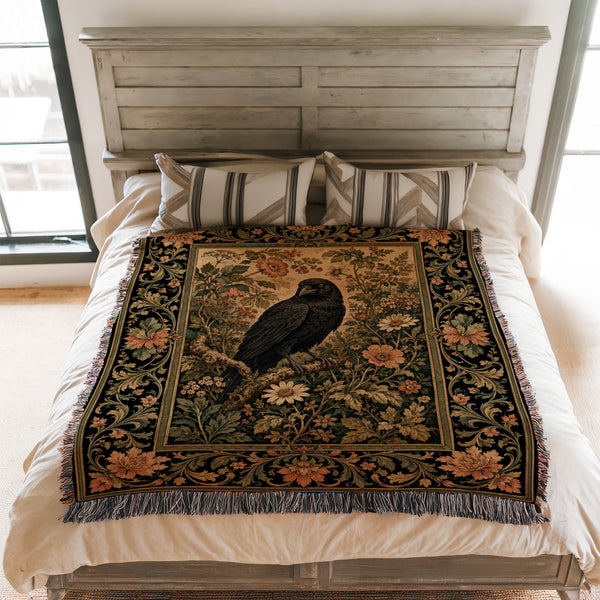 Vintage Raven Floral Tapestry Blanket