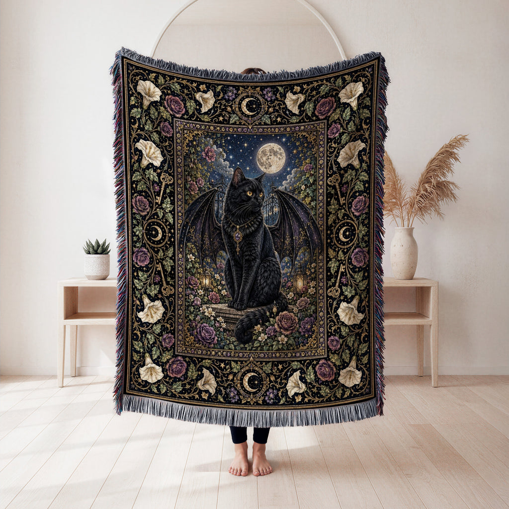 Winged Familiar Black Cat Blanket