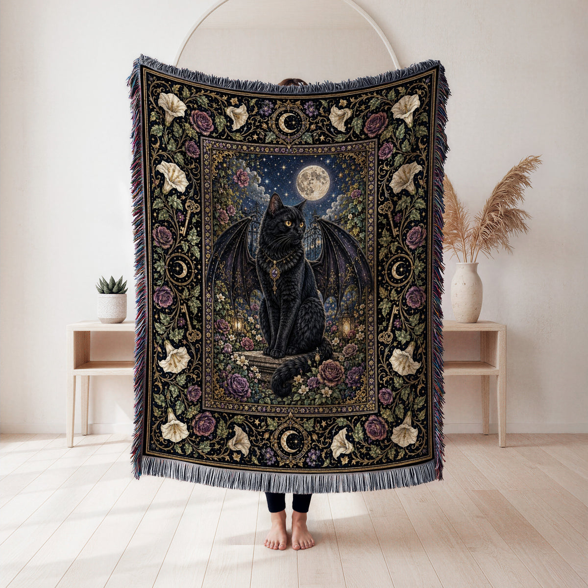 Winged Familiar Black Cat Blanket