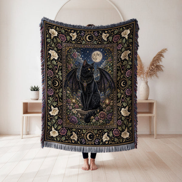 Winged Familiar Black Cat Blanket