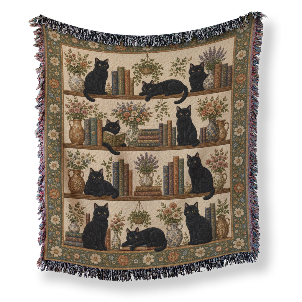 Black Cat Botanical Library Blanket