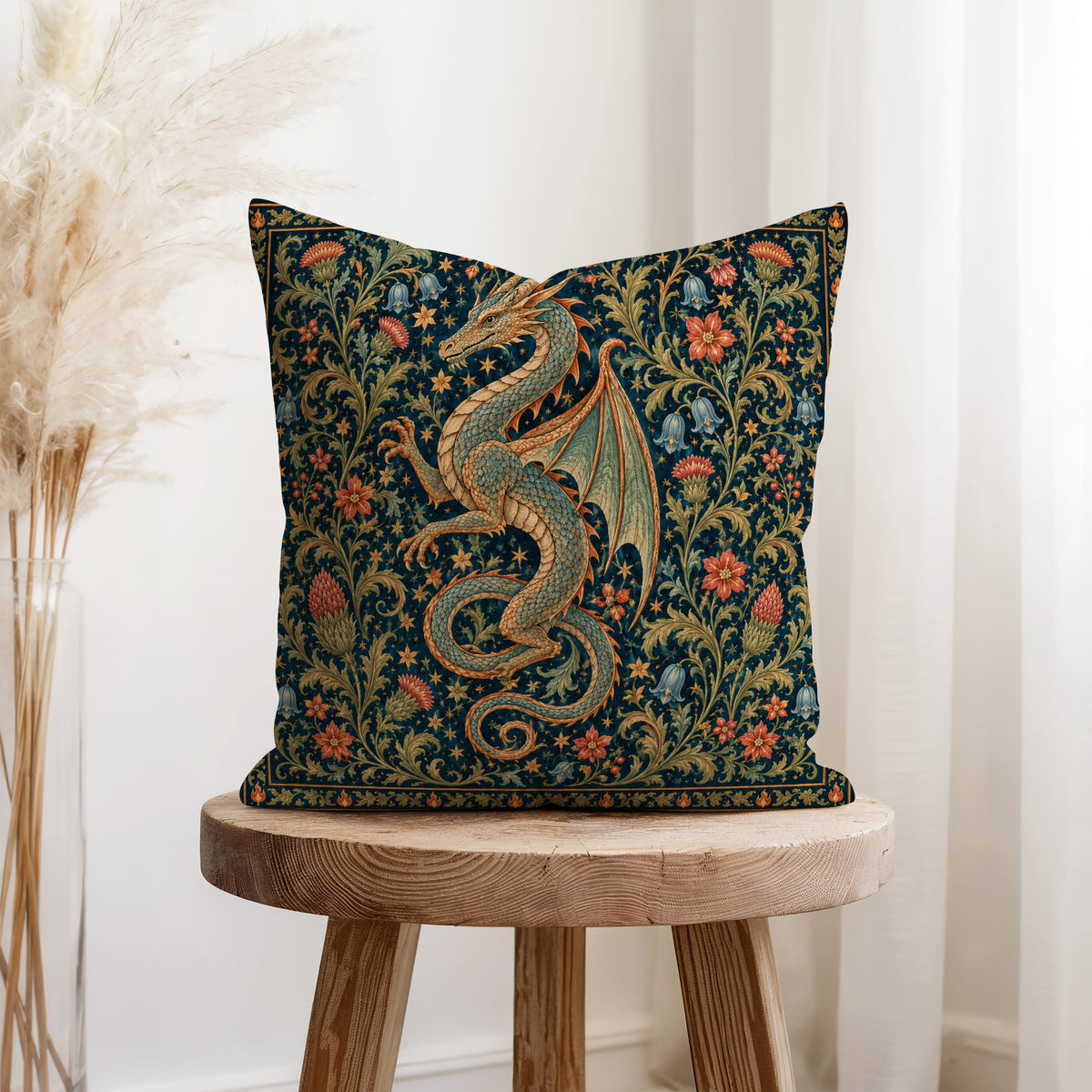 The Verdant Wyrm – Medieval Dragon Tapestry Pillow