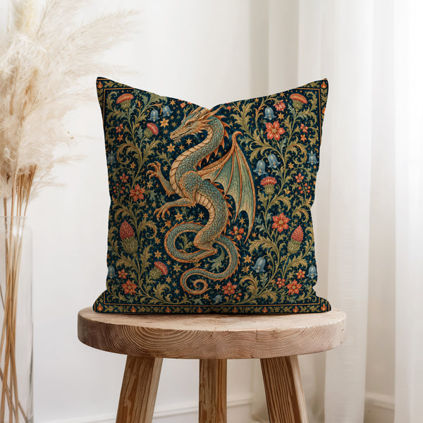 The Verdant Wyrm – Medieval Dragon Tapestry Pillow