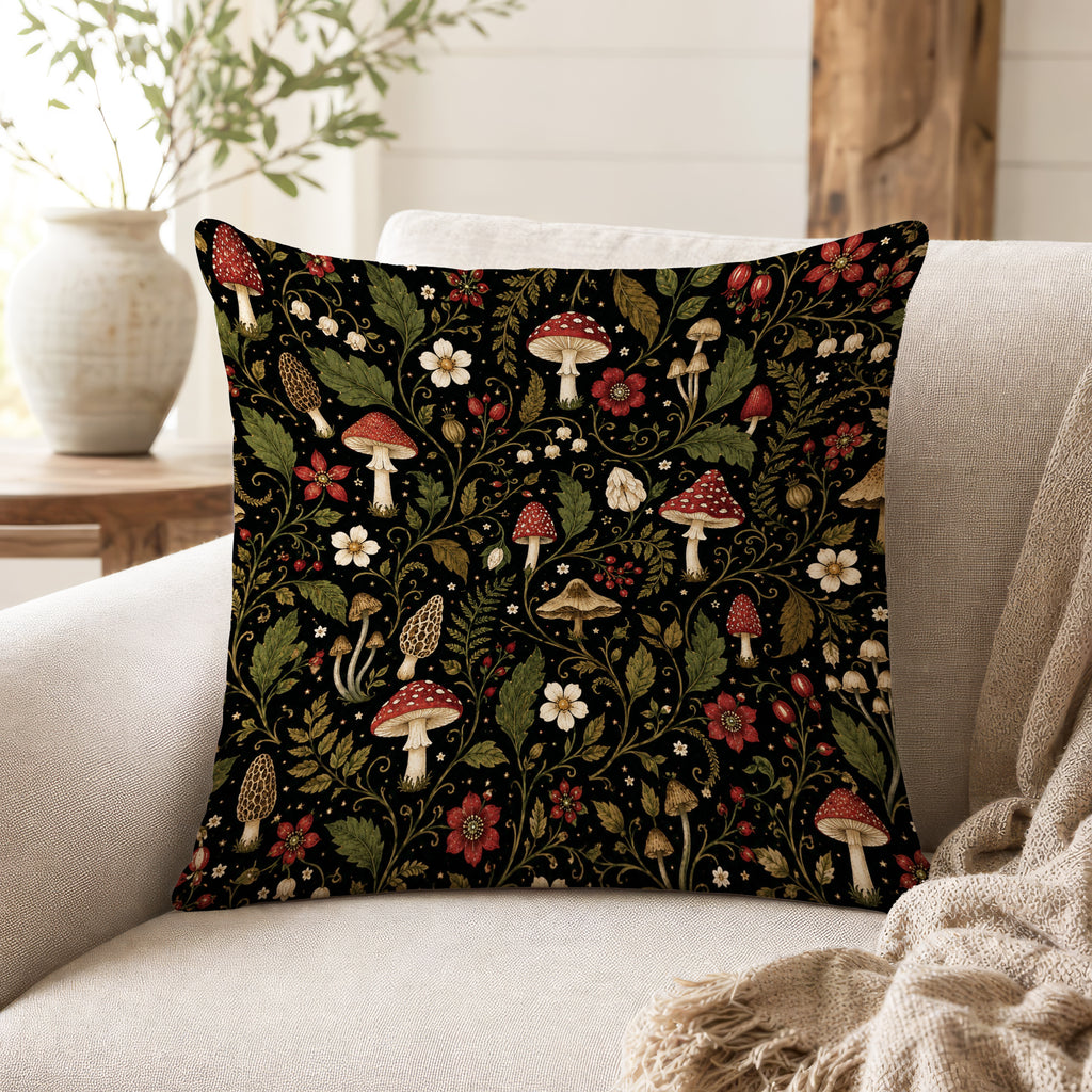 Toadstool Garden – Woodland Mushroom Floral Pillow