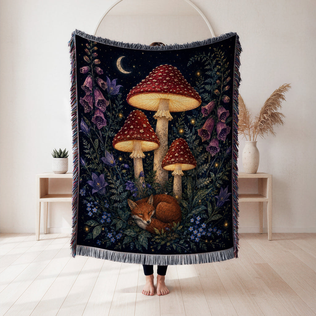 Moonlit Fox & Mushroom Blanket