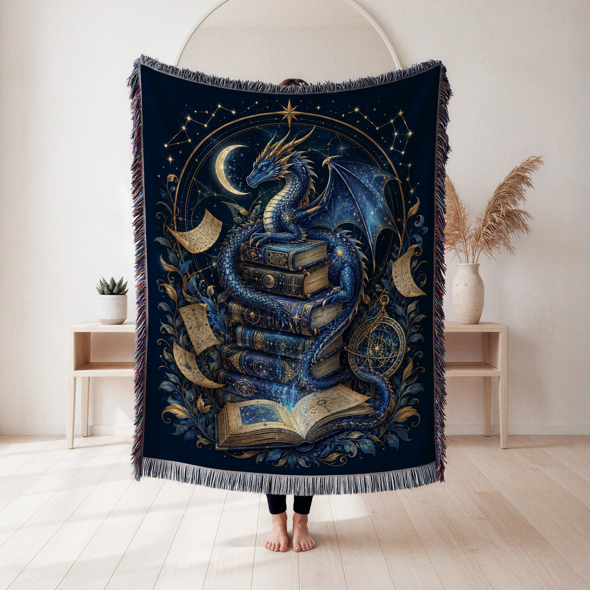 Celestial Blue Dragon & Ancient Books Blanket
