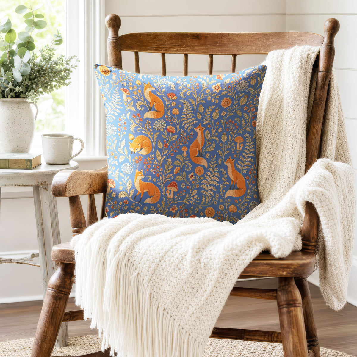 Foxes in Bloom – Blue Woodland Floral Pillow