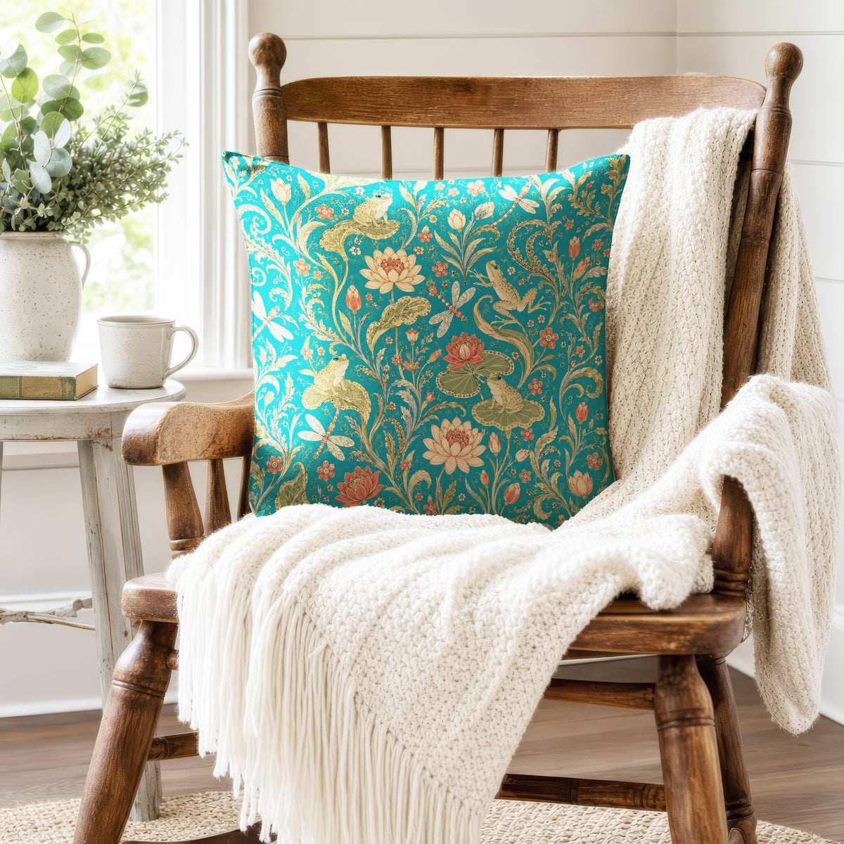 Lotus Pond Frogs – Turquoise Botanical Pillow