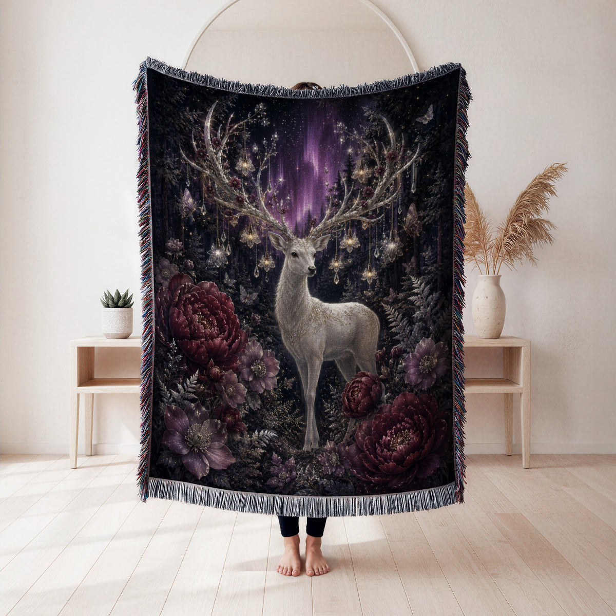 Enchanted White Stag Aurora Blanket