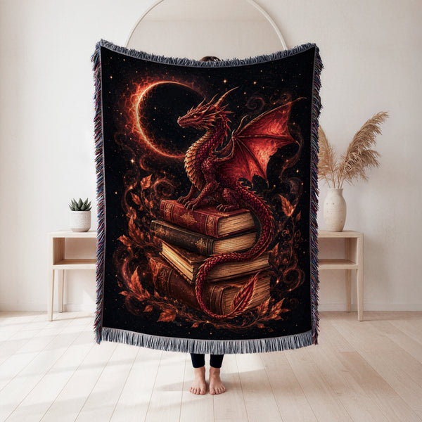 Crimson Eclipse Dragon & Books Blanket