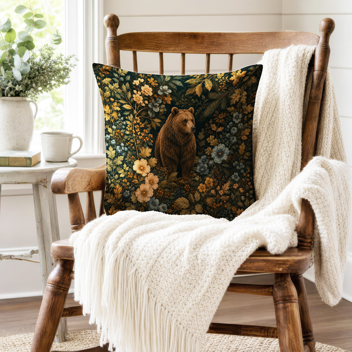 The Woodland Bear – Dark Botanical Pillow