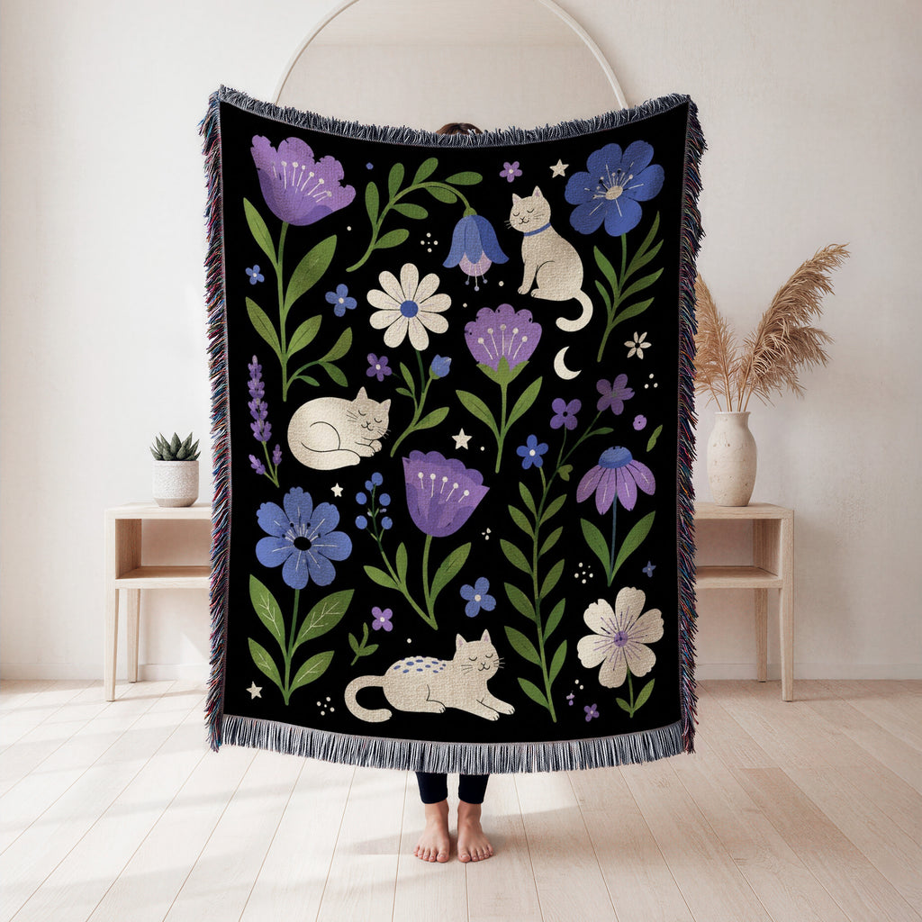 Moonlit Cats in Bloom Blanket