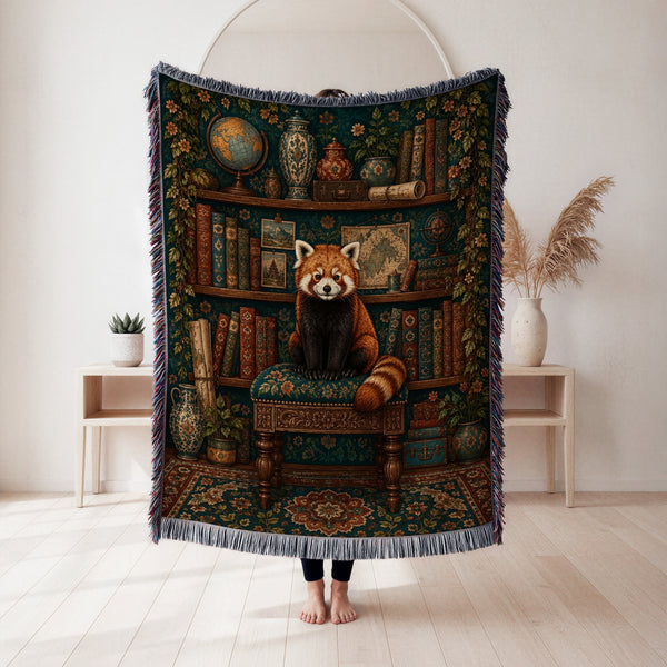 The Curious Red Panda Library Blanket