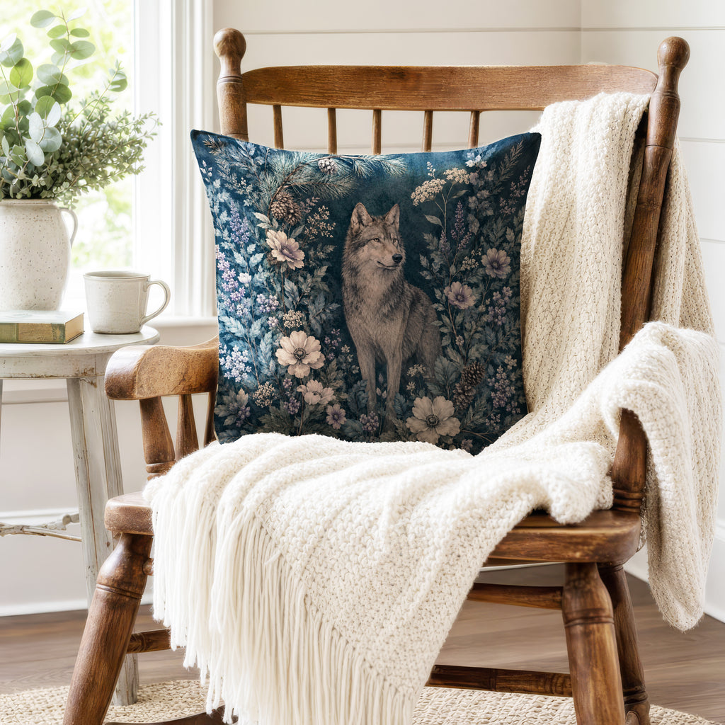 Winter Wolf Garden – Blue Woodland Pillow