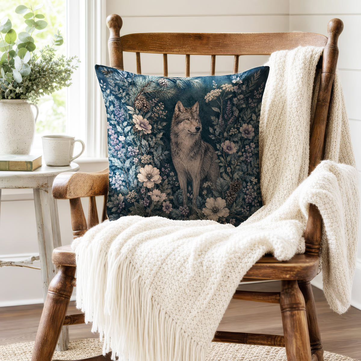 Winter Wolf Garden – Blue Woodland Pillow