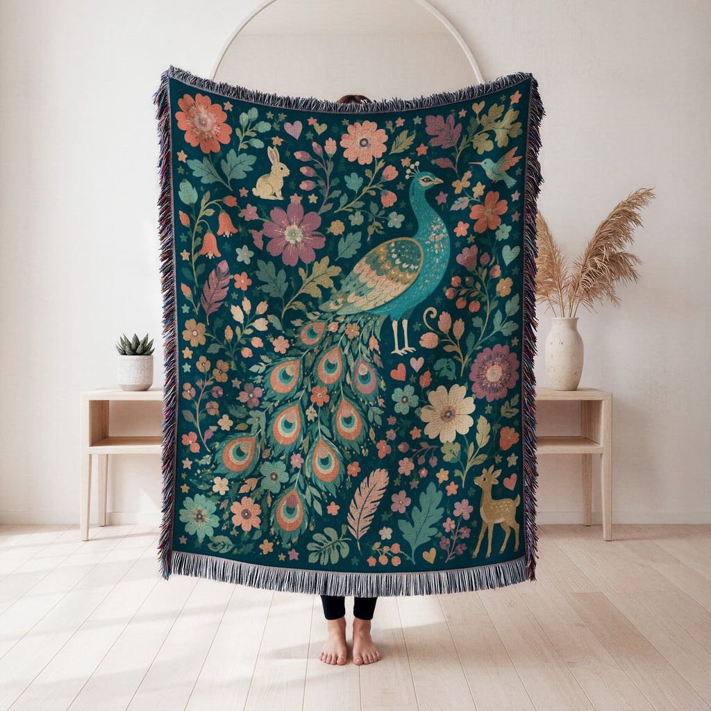 Floral Peacock Meadow Blanket