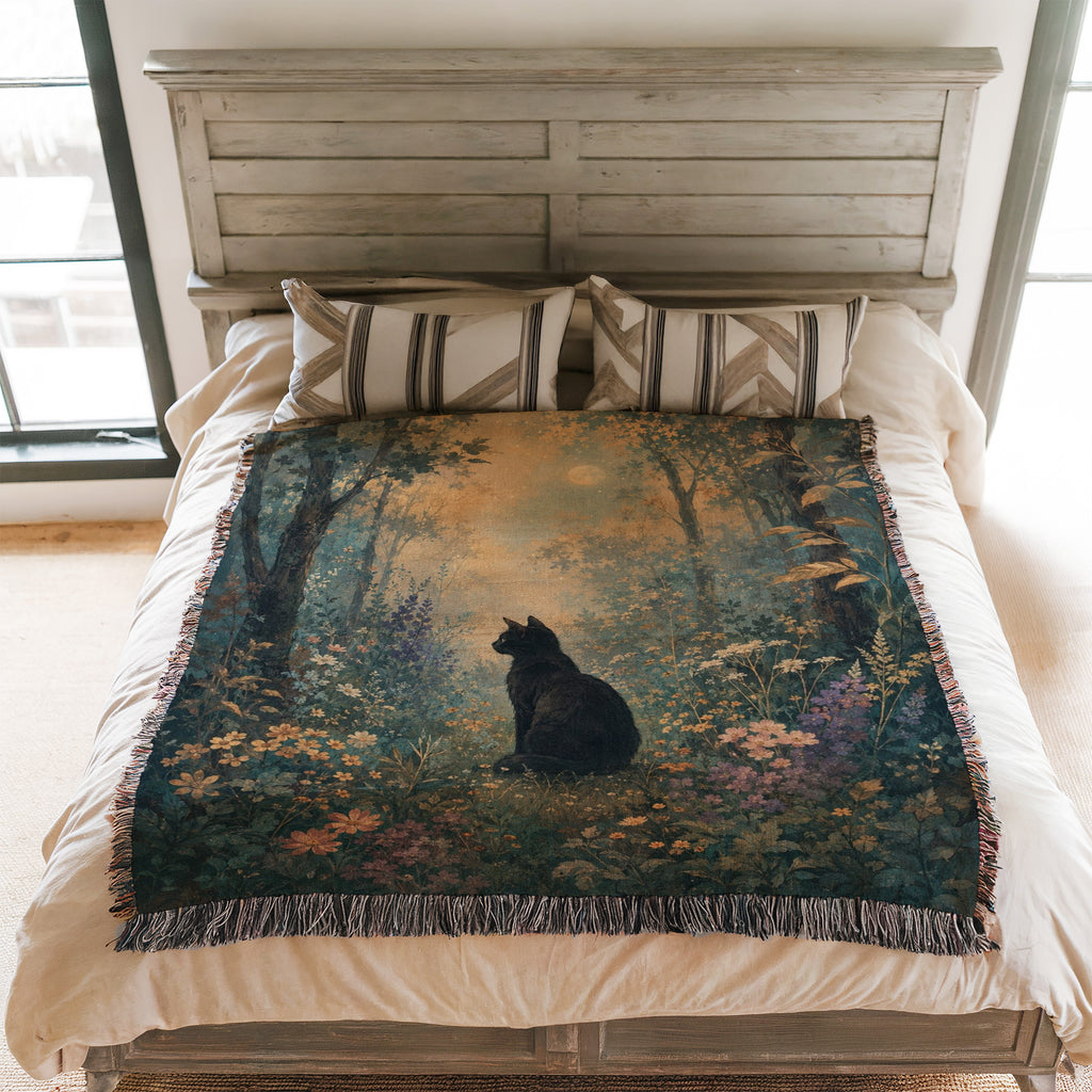 Moonlit Wildflower Black Cat Blanket