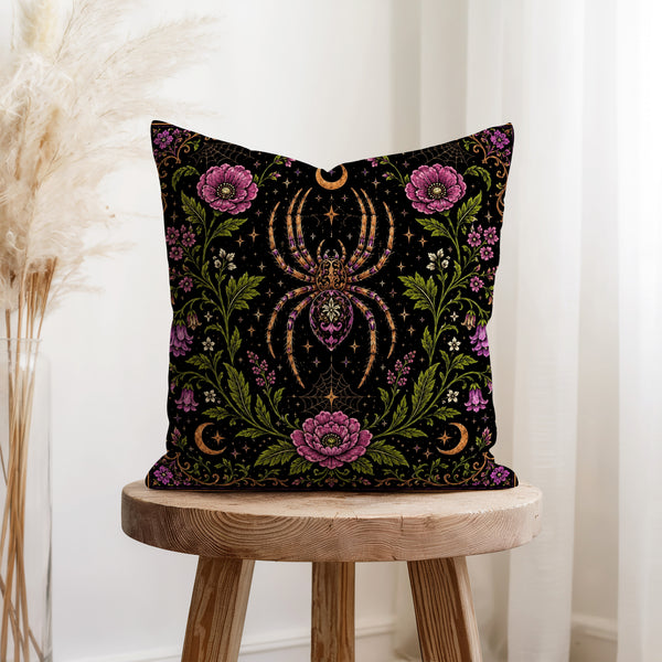 The Weaver's Garden – Gothic Spider Floral Pillow