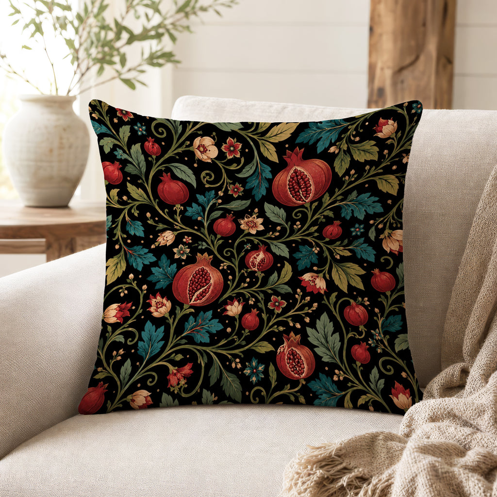 Midnight Pomegranate Vine – Dark Botanical Floral Pillow