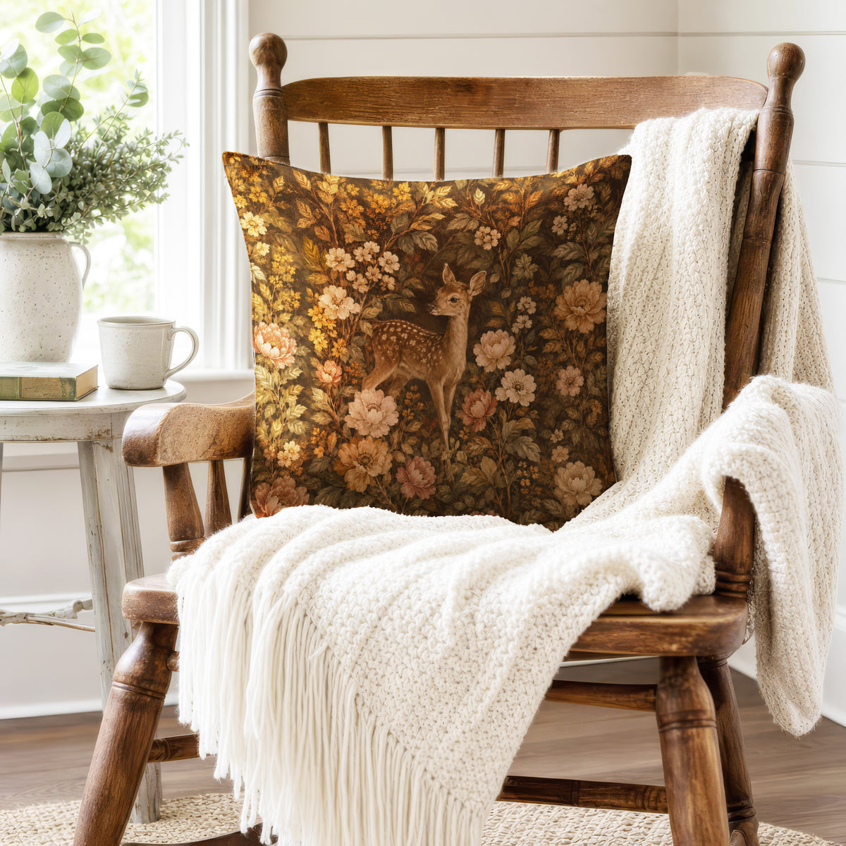 Fawn in the Flowers – Vintage Woodland Pillow