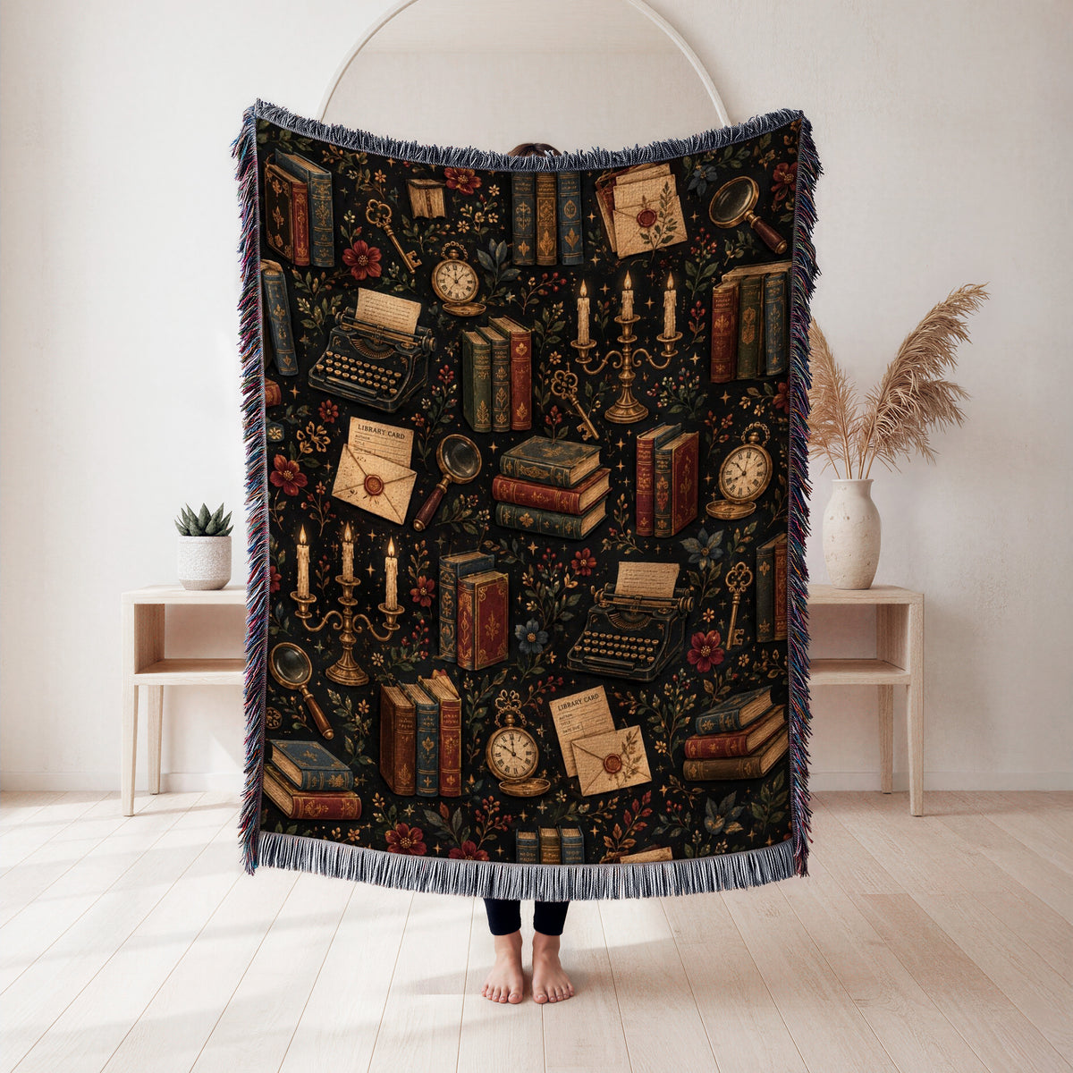 Vintage Dark Academia Library Pattern Blanket
