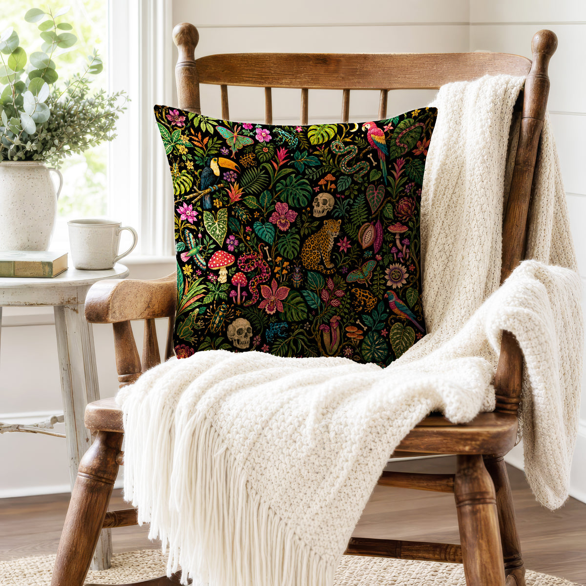 Midnight Jungle Curiosities – Dark Tropical Pillow