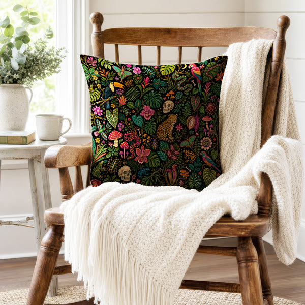 Midnight Jungle Curiosities – Dark Tropical Pillow
