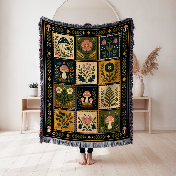 Mushroom Folk Patchwork Blanket