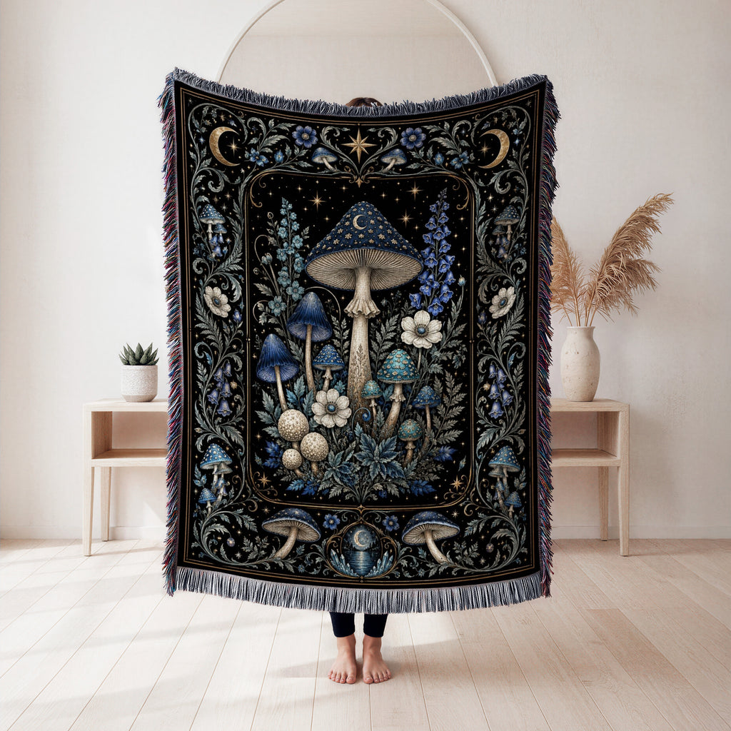 Midnight Blue Mushroom Moon Blanket