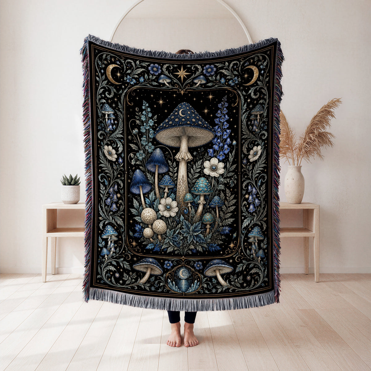 Midnight Blue Mushroom Moon Blanket