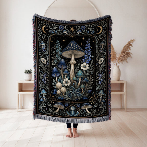 Midnight Blue Mushroom Moon Blanket