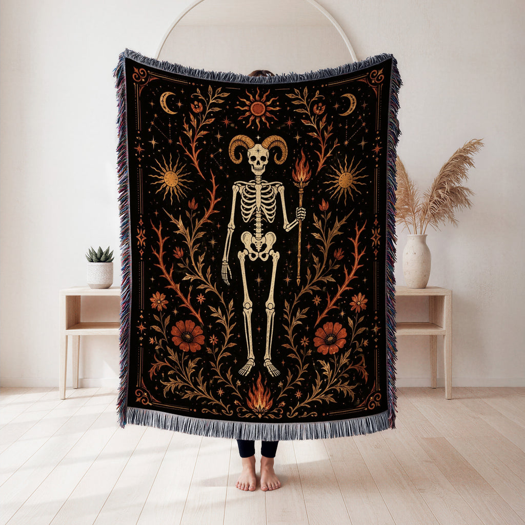 Aries Ram & Flame – Gothic Skeleton Zodiac Blanket
