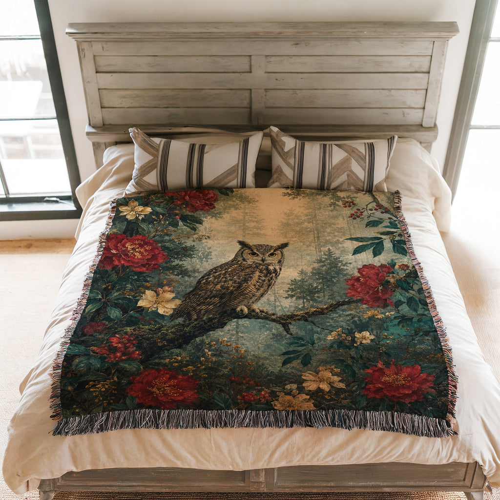Red Peony Owl Blanket