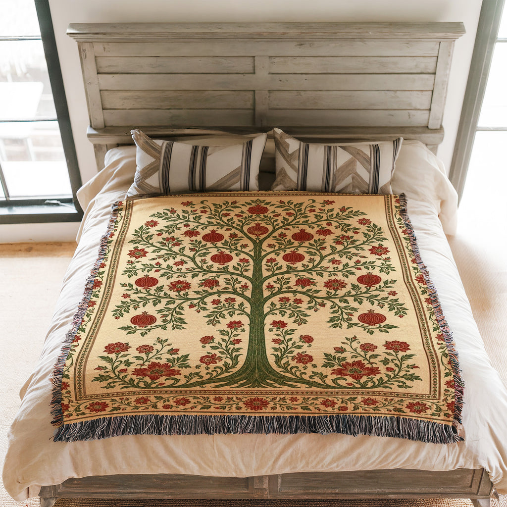 Crimson Pomegranate Tree Woven Blanket