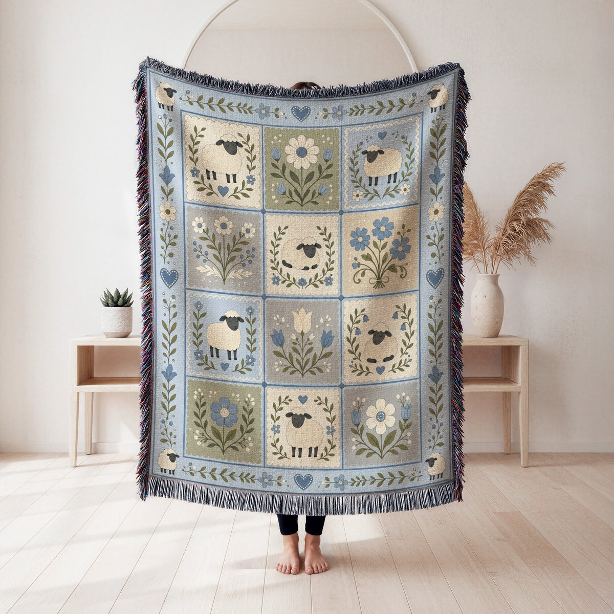 Blue Meadow Lambs Patchwork Blanket